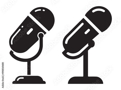 Two microphones on stands for recording or broadcasting audio signals  podcasting equipment
