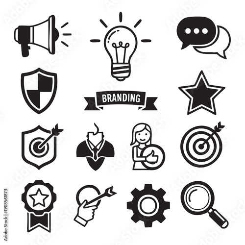 Collection of branding and marketing concept icons isolated on transparent background