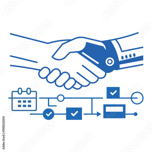Human and robot handshake for project management and AI collaboration, workflow automation and strategic business partnership flat vector illustration
