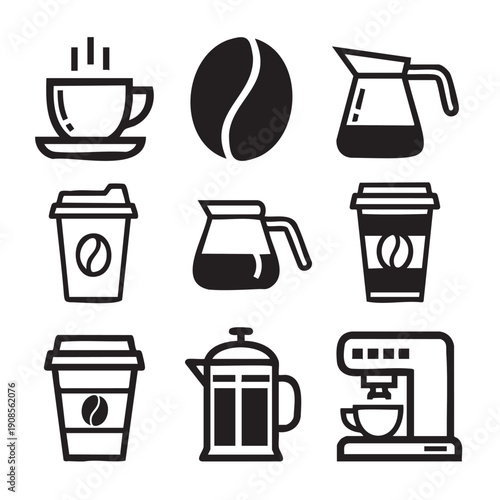 Collection of coffee and tea related icons and utensils isolated