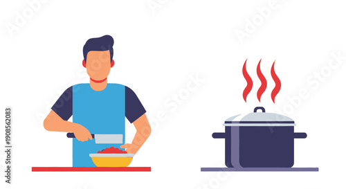 A man is preparing food chopping vegetables near a steaming pot
