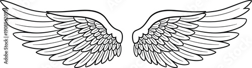 Angel wings line art illustration isolated on white background, detailed feathered wings symbol for tattoo, spiritual, fantasy, heavenly, logo, and decorative vector design