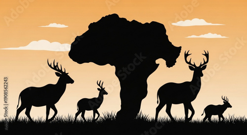 Deer family silhouette under african tree at sunset