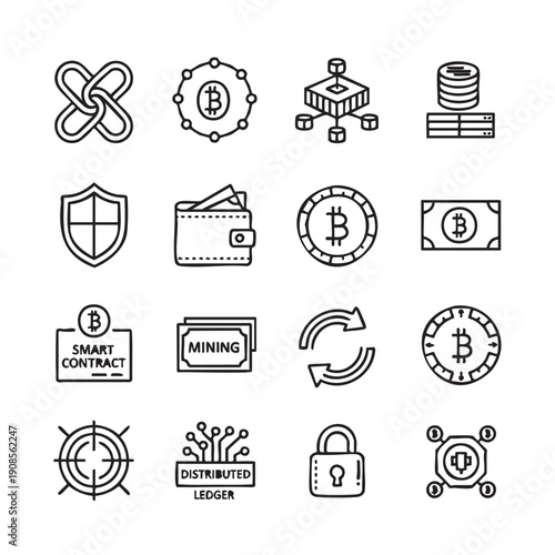 Collection of cryptocurrency and blockchain related vector icons isolated