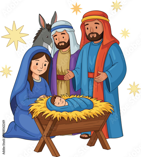 Christmas nativity scene vector illustration holy family baby jesus manger mary joseph donkey star religious cartoon design festive artwork