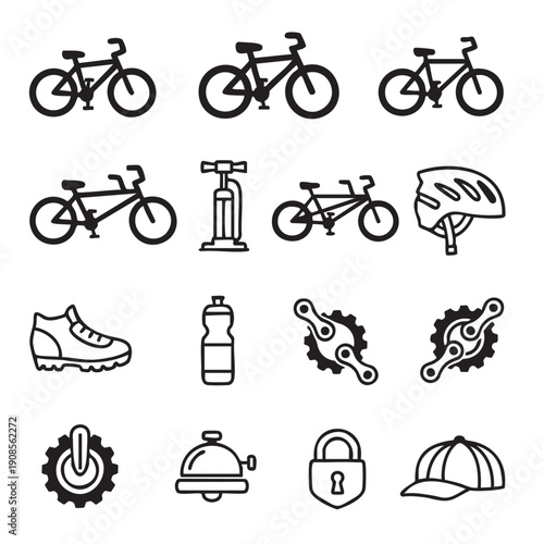 Collection of cycling and bicycle maintenance icons isolated on transparent background