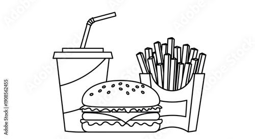 Black and white line drawing of a fast food meal burger fries and drink