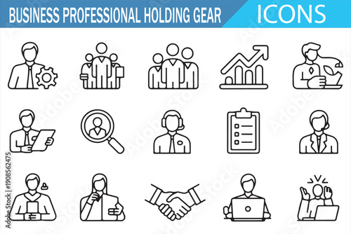Business professional holding gear line icon set, management and leadership symbols, corporate employee actions, HR and teamwork minimal outline vector collection