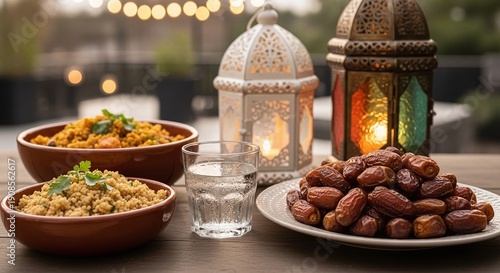 Traditional middle eastern ramadan food and lanterns on a table outdoors