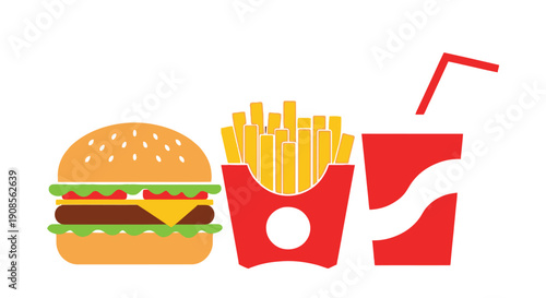 Colorful illustration of a classic fast food meal burger fries and soda