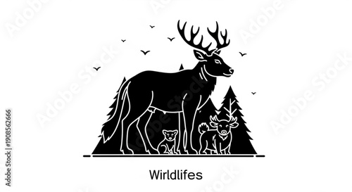 Black silhouette of deer and fawns in forest with trees and birds