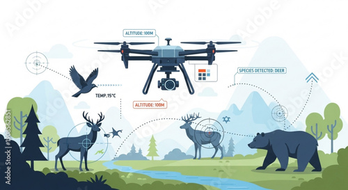 Drone monitoring wildlife in forest with animals and stream