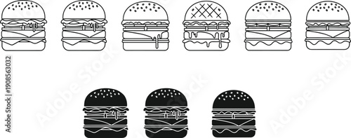 Burger icons set with cheeseburgers and fast food sandwiches in outline and black silhouette styles, hand drawn hamburger collection isolated on white background for restaurant and menu design
