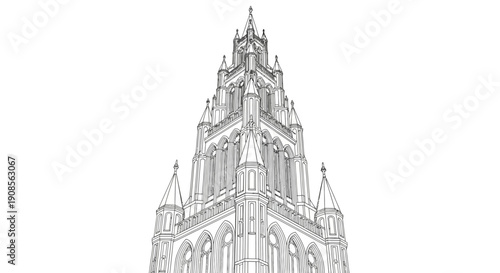 Historic gothic architecture building illustration with detailed tower and classic design
