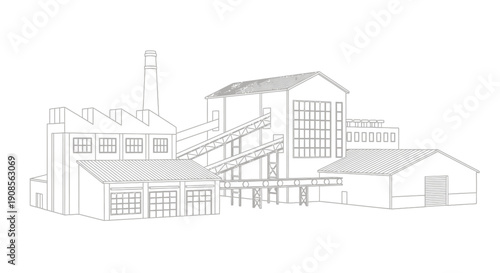Industrial factory building line art illustration showing manufacturing plant exterior
