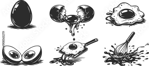 Cracked Egg Illustration Set with Yolk Splash and Fried Egg Art.