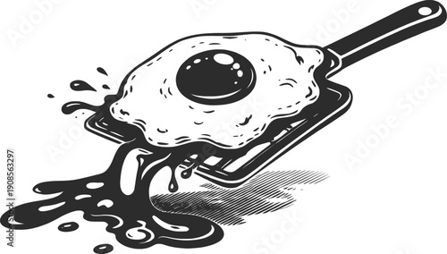 Fried Egg Splash Skillet Grunge Ink Illustration.