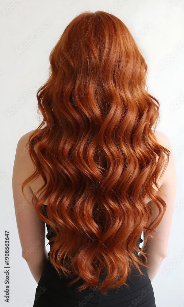 Naklejka premium shot woman behind showcasing long luscious fiery red curly locks stylish arrangement