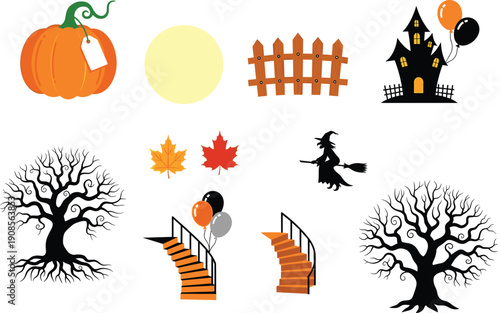 Halloween vector icon set pumpkin haunted house witch tree stairs moon fence autumn leaves spooky design collection bundle illustration