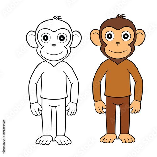 A cheerful male monkey coloring page, sitting playfully with a big smile, holding a banana, ready for kids to add bright colors and bring him to life.
