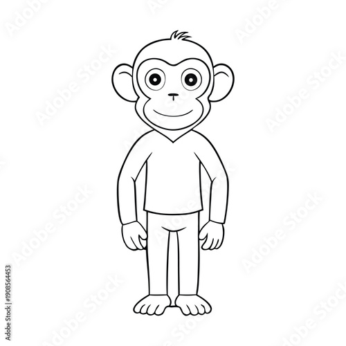 A cheerful male monkey coloring page, sitting playfully with a big smile, holding a banana, ready for kids to add bright colors and bring him to life.
