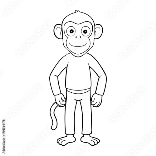 A cheerful male monkey coloring page, sitting playfully with a big smile, holding a banana, ready for kids to add bright colors and bring him to life.
