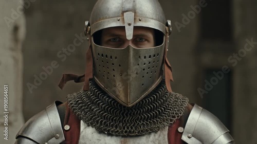 A medieval knight stands tall and ready in full armor, showcasing historical detail and strength