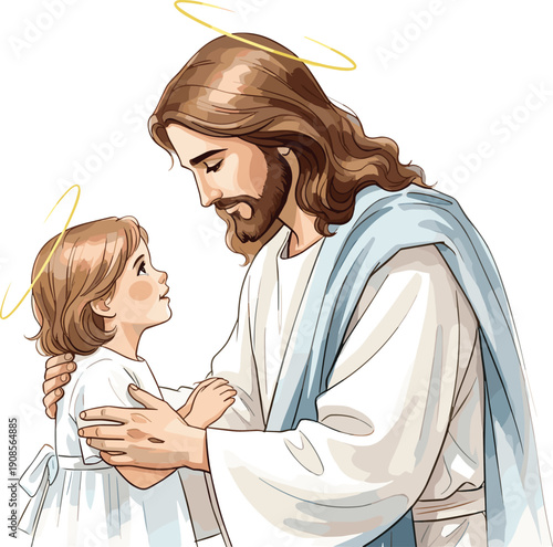 Jesus blessing child vector illustration christian religious love care faith holy figure spiritual cartoon style artwork isolated design