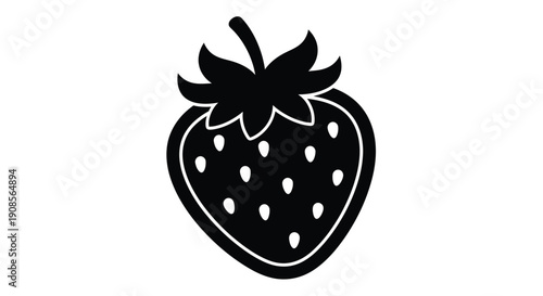 A simple black silhouette of a ripe strawberry fruit