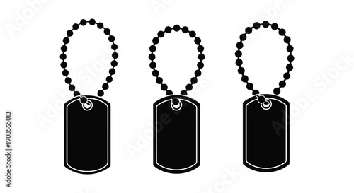 Three black dog tags displayed in a row a graphic silhouette