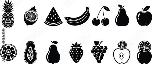 Fruit icons set with apple, banana, pineapple, strawberry, grapes and citrus silhouettes, black food symbols collection isolated on white background for nutrition and design concepts