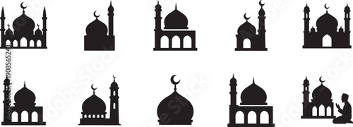   Mosque silhouette icon set. Vector illustration of Islamic architecture, minarets, and domes.