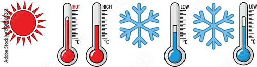 Hot and cold weather icons set with sun, snowflake, and thermometer symbols showing high and low temperature levels, flat vector illustration isolated on white background
