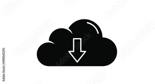 Cloud with downward arrow a stark black graphic silhouette