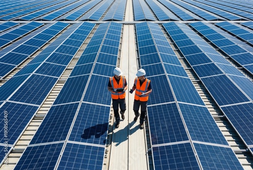 Engineers Inspecting Solar Panels at Renewable Energy Plant