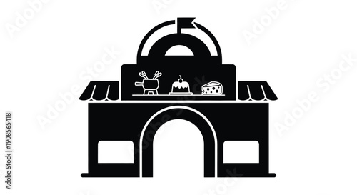 Black building with dome and decorative elements graphic silhouette