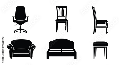 Various furniture items depicted in stark black silhouettes