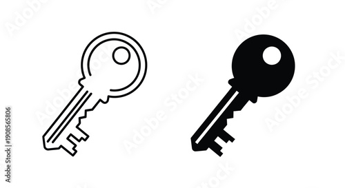 Two keys depicted in contrasting styles a line drawing and a silhouette