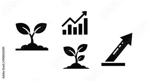Growth icons depicting stages of development a financial chart and progress silhouette