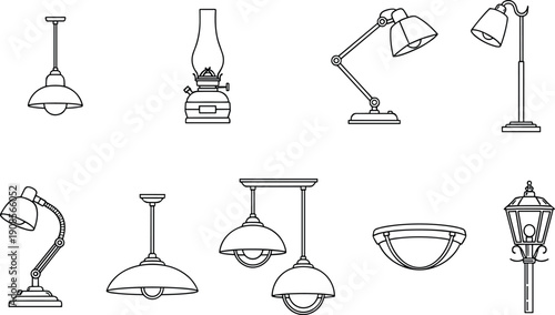 Lamp and lighting icons set with table lamps, floor lamps, pendant lights and vintage oil lamp designs, outline home illumination symbols isolated on white background