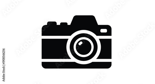 A simple black camera illustration in a flat design silhouette