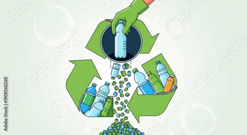 Recycling plastic bottles in a recycling symbol with green gloves