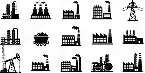 Industrial factory and energy infrastructure icons set with power plants, oil pumps, coal mining, smokestacks and electricity transmission symbols isolated on white background