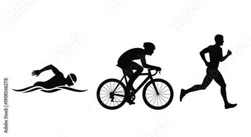 Triathlon athletes swimming cycling and running in black silhouette
