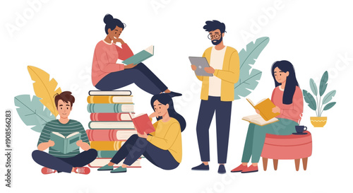 Group of people reading and surrounded by books in a relaxed environment