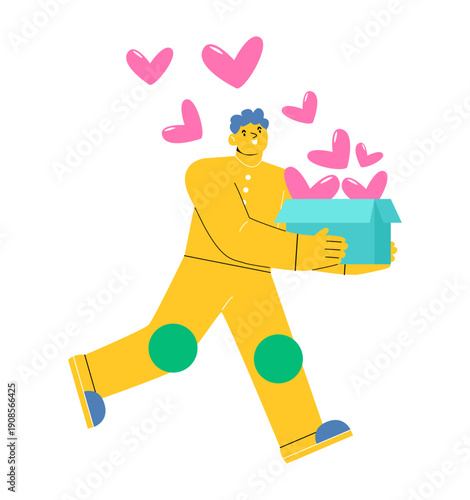 Man holds a box with hearts in his hands. Colorful vector illustration