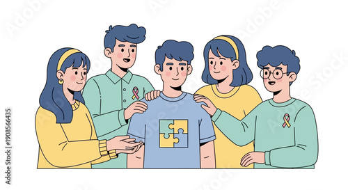 Group of people gathered around a man holding a t-shirt with a puzzle piece design, symbolizing unity and support