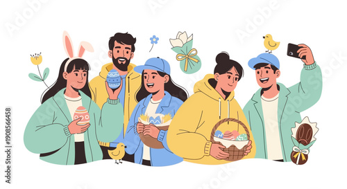 Group of people celebrating Easter together, taking photos and enjoying treats outdoors in a vibrant scene.