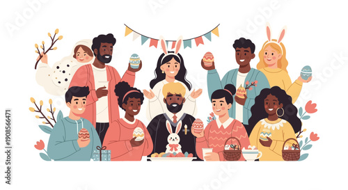 Diverse group of people gathering around a table to celebrate a festive occasion with food and drinks in a lively atmosphere