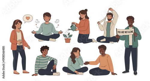 Diverse group of people meditating and engaging in activities together in a peaceful environment from a straightforward viewpoint
